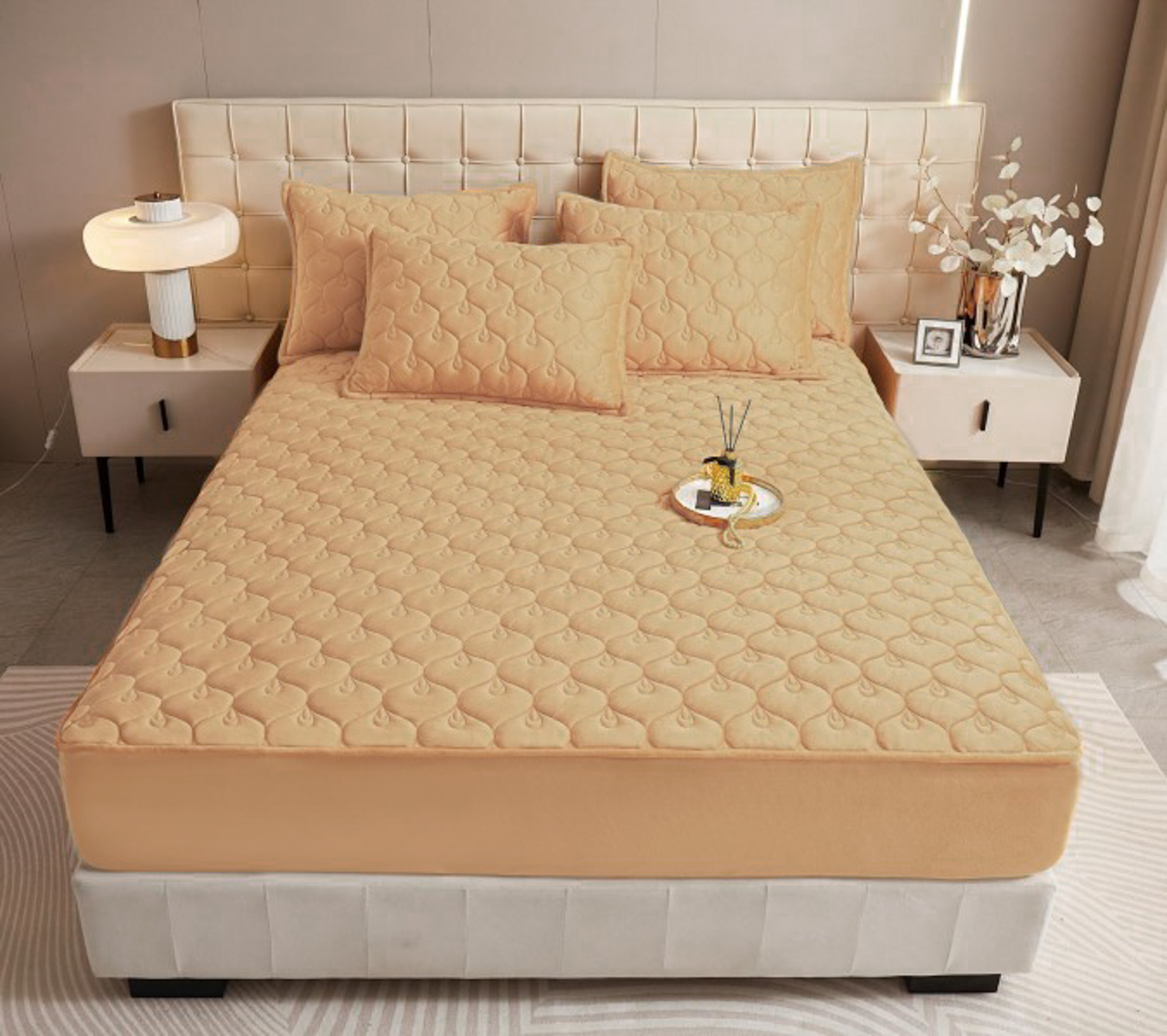 Husã matlasatã tip topper din catifea, 140x200cm + 2 fete de perna 50x70cm, camel - 0 | YEO