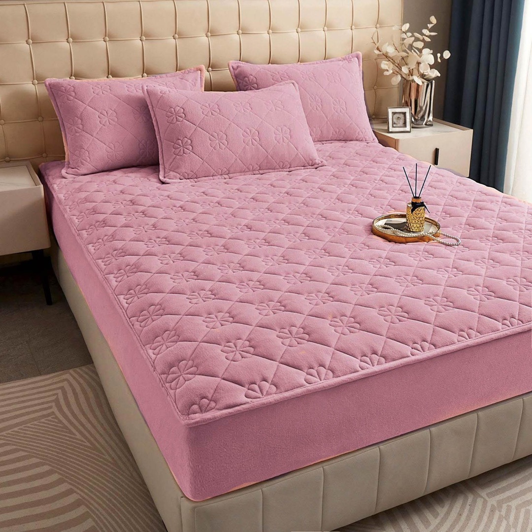 Husã matlasatã tip topper din catifea, 160x200cm + 2 fete de perna 50x70cm, roz pudra - 0 | YEO