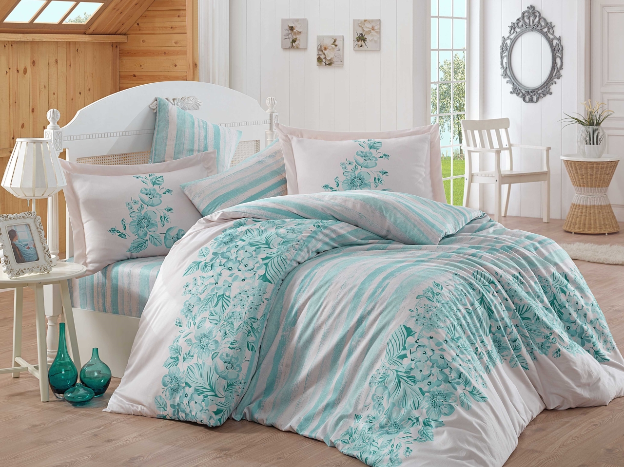 Lenjerie de pat King Hobby Home BUMBAC 100% Satin DELUX Serena Turquoise