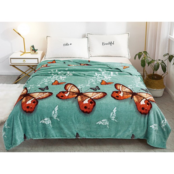 Patura pufoasa cocolino gofrata 200x230cm, 300gr/mp, Verde-Multicolor, Fluturi [1]