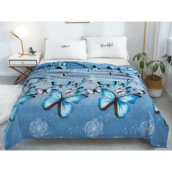 Patura pufoasa cocolino gofrata 200x230cm, 300gr/mp, Bleu-Multicolor, Fluturi [1]