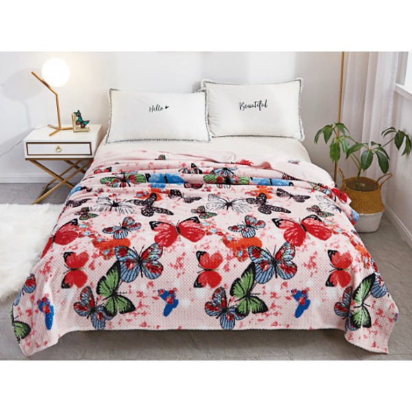 Patura pufoasa cocolino gofrata 200x230cm, 300gr/mp, Roz-Multicolor, Fluturi [1]