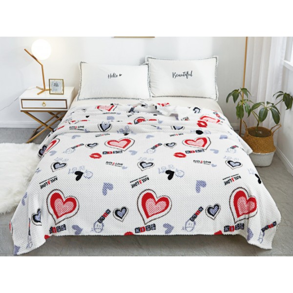 Patura pufoasa cocolino gofrata 200x230cm, 300gr, Alb-Multicolor, Inimioare [1]
