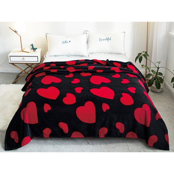 Patura pufoasa cocolino gofrata 200x230cm, 300gr/mp, Negru-Rosu, Inimioare [1]