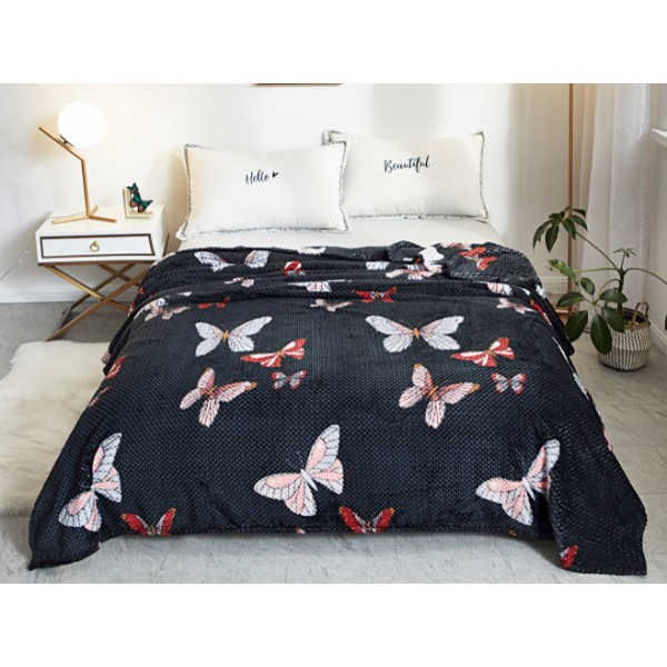 Patura pufoasa cocolino gofrata 200x230cm, 300gr/mp, Negru-Multicolor, Fluturi [1]