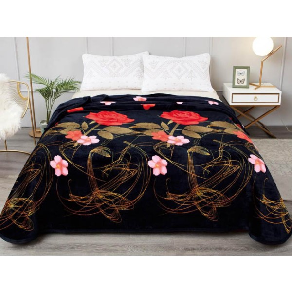 Patura pufoasa cocolino 200x230cm, 300gr/mp, Negru-Multicolor, Flori [1]
