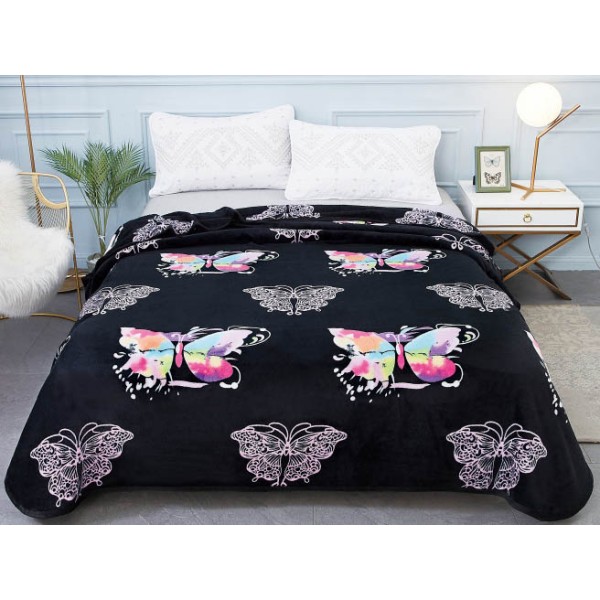 Patura pufoasa cocolino 200x230cm, 300gr/mp, Negru-Multicolor, Fluturi [1]