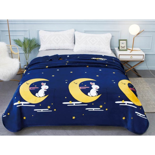Patura pufoasa cocolino 200x230cm, 300gr/mp, Bleumarin, Stelute, Luna, Iepurasi [1]