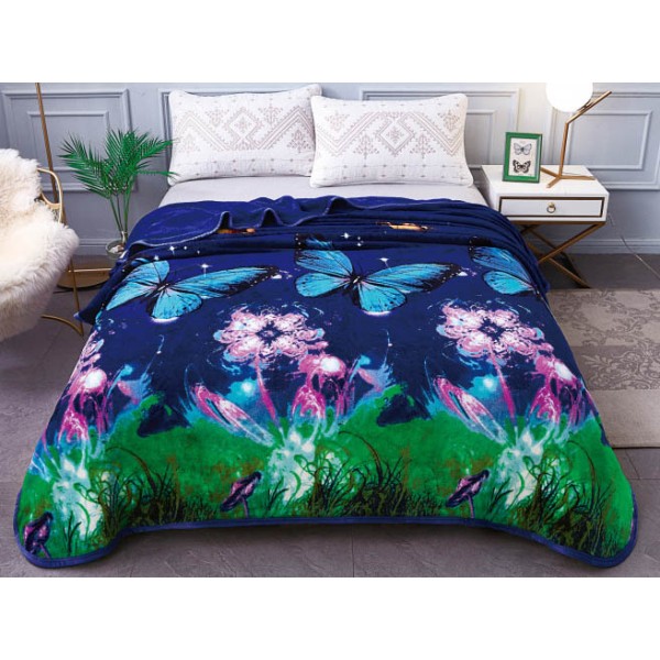 Patura pufoasa cocolino 200x230cm, 300gr/mp, Bleumarin-Multicolor, Flori, Fluturi [1]