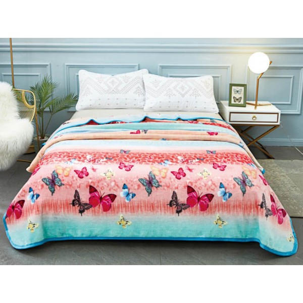 Patura pufoasa cocolino 200x230cm, 300gr/mp, Roz-Multicolor, Fluturi [1]