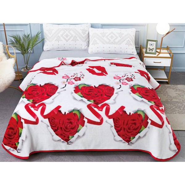 Patura pufoasa cocolino 200x230cm, 300gr/mp, Alb-Rosu, Inimioare, Trandafiri [1]