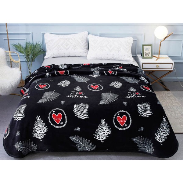 Patura pufoasa cocolino 200x230cm, 300gr/mp, Negru-Alb, Inimioare, Frunze [1]