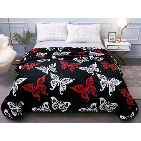 Patura pufoasa cocolino 200x230cm, 300gr/mp, Negru-Multicolor, Fluturi [1]
