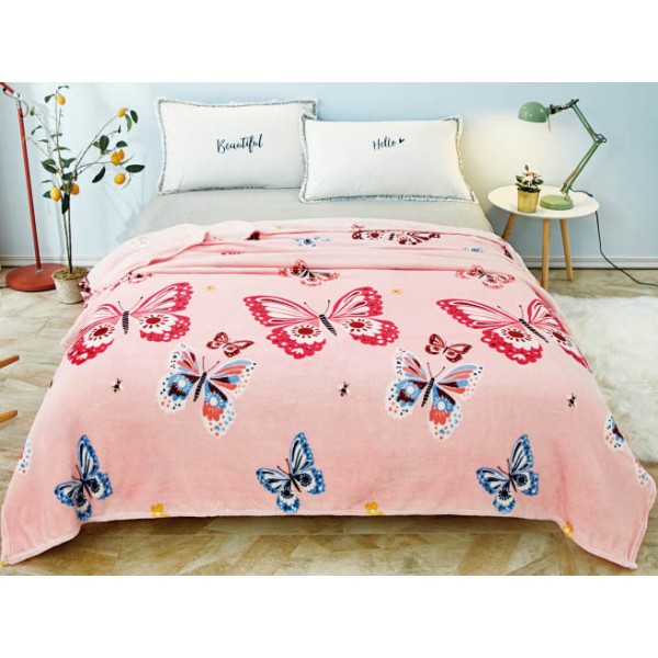 Patura pufoasa cocolino 200x230cm, 300gr/mp, Roz-Multicolor, Fluturi [1]