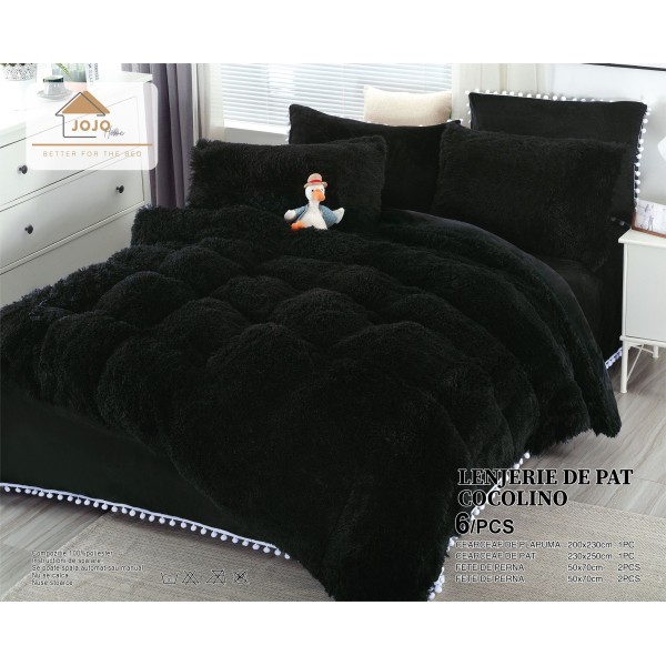 Lenjerie pat super pufoasa COCOLINO Fluffy cu ciucuri, 6 piese, NEGRU [1]