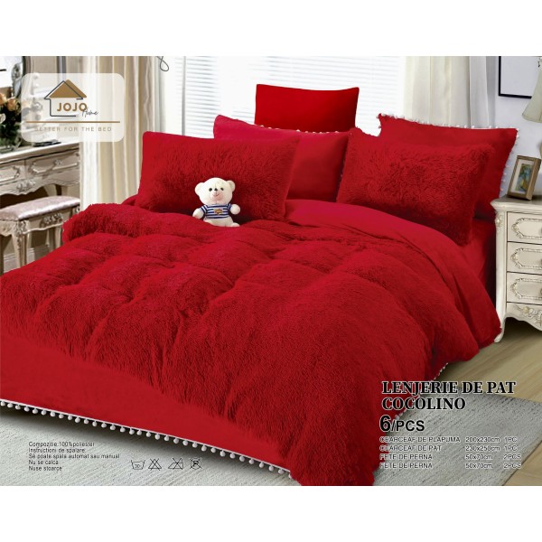 Lenjerie pat super pufoasa COCOLINO Fluffy cu ciucuri, 6 piese, ROSU [1]