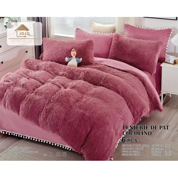 Lenjerie pat super pufoasa COCOLINO Fluffy cu ciucuri, 6 piese, PURPURIU [1]