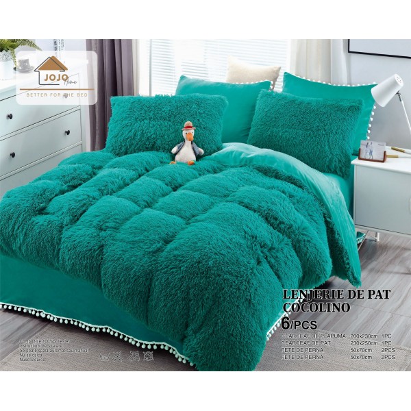 Lenjerie pat super pufoasa COCOLINO Fluffy cu ciucuri, 6 piese, VERDE [1]