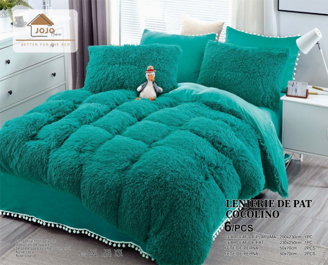 Lenjerie pat super pufoasa COCOLINO Fluffy cu ciucuri, 6 piese, VERDE