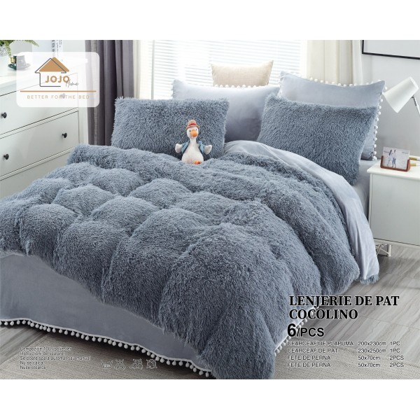 Lenjerie pat super pufoasa COCOLINO Fluffy cu ciucuri, 6 piese, GRI [1]