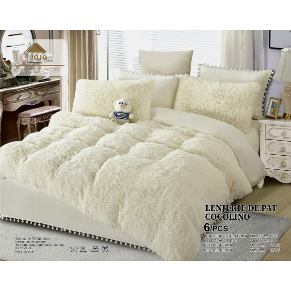 Lenjerie pat super pufoasa COCOLINO Fluffy cu ciucuri, 6 piese, CREM [1]