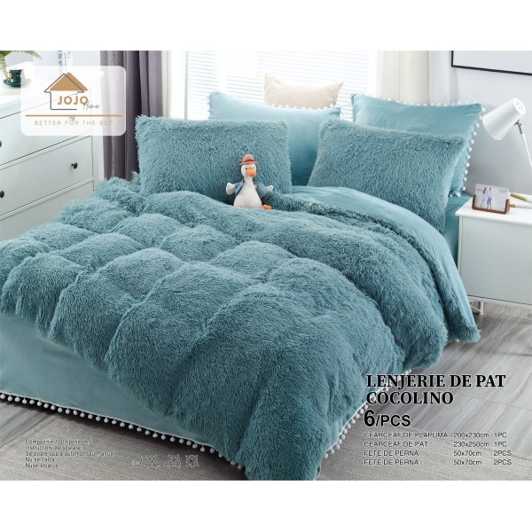 Lenjerie pat super pufoasa COCOLINO Fluffy cu ciucuri, 6 piese, ALBASTRU [1]