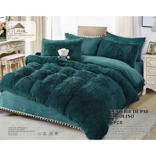 Lenjerie pat super pufoasa COCOLINO Fluffy cu ciucuri, 6 piese, VERDE INCHIS [1]