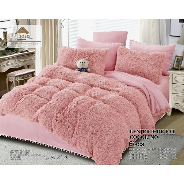 Lenjerie pat super pufoasa COCOLINO Fluffy cu ciucuri, 6 piese, ROZ [1]