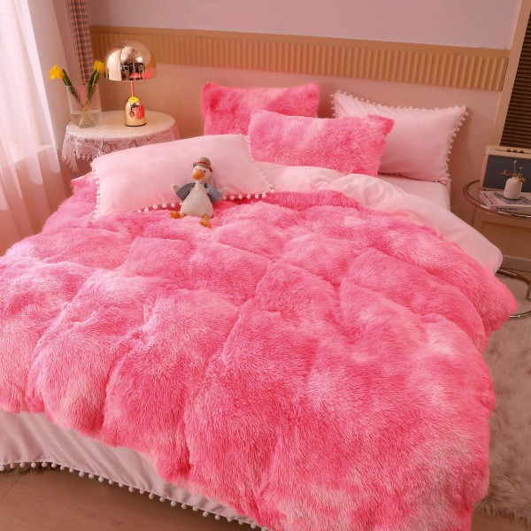 Lenjerie pat super pufoasa COCOLINO Fluffy cu ciucuri, 6 piese, Roz intens - Multicolor [1]