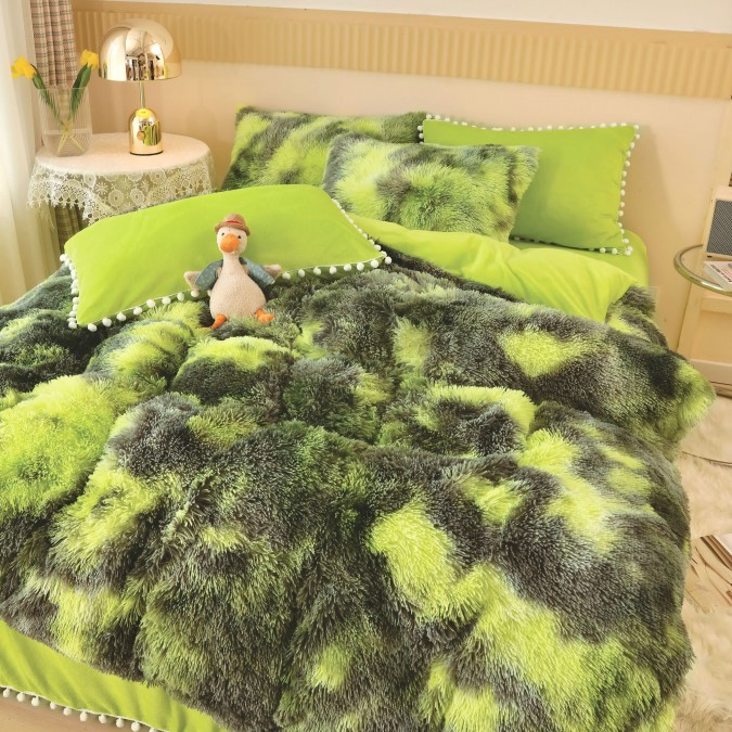Lenjerie pat super pufoasa COCOLINO Fluffy cu ciucuri 6 piese Verde - Multicolor
