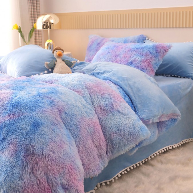 Lenjerie pat super pufoasa COCOLINO Fluffy cu ciucuri, 6 piese, Bleu - Multicolor