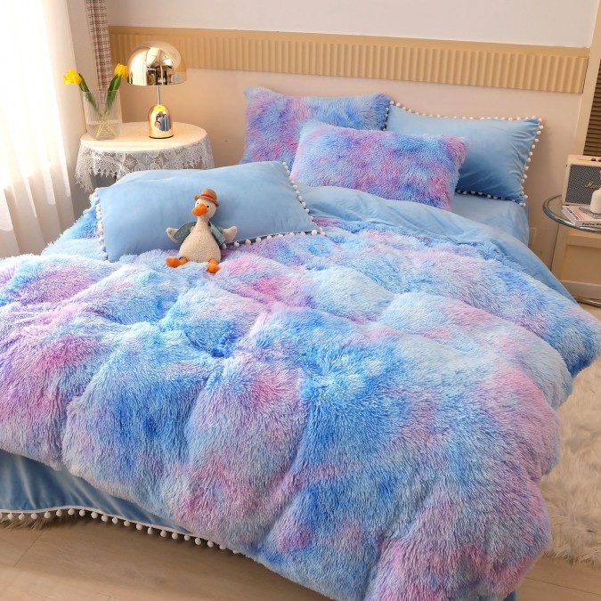 Lenjerie pat super pufoasa COCOLINO Fluffy cu ciucuri, 6 piese, Bleu - Multicolor