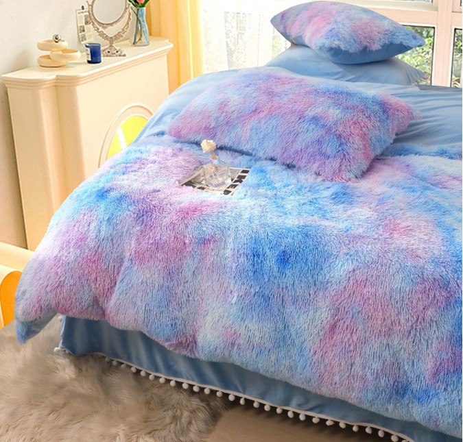 Lenjerie pat super pufoasa COCOLINO Fluffy cu ciucuri, 6 piese, Bleu - Multicolor