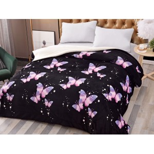 Patura CoCoLiNo cu blanita, 200x230cm, Jojo Home, Negru-Mov, fluturi