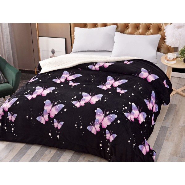 Patura CoCoLiNo cu blanita, 200x230cm, Jojo Home, Negru-Mov, fluturi [1]