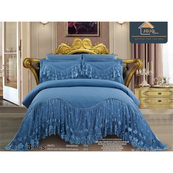Cuvertura pat dublu, 3 piese, Bumbac Finet, 220x280cm, cu volanase si broderie, Jojo Home, Albastru [1]