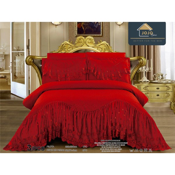 Cuvertura pat dublu, 3 piese, Bumbac Finet, 220x280cm, cu volanase si broderie, Jojo Home, Rosu [1]