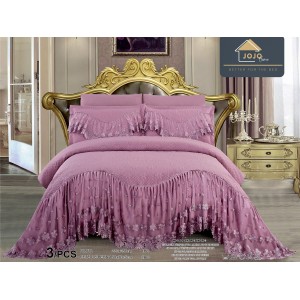 Cuvertura pat dublu, 3 piese, Bumbac Finet, 220x280cm, cu volanase si broderie, Jojo Home, Roz