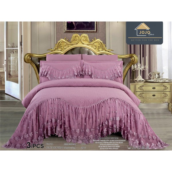 Cuvertura pat dublu, 3 piese, Bumbac Finet, 220x280cm, cu volanase si broderie, Jojo Home, Roz [1]