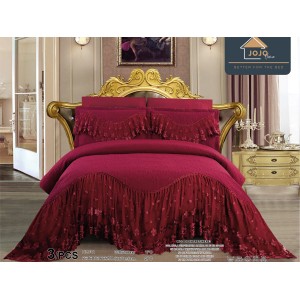 Cuvertura pat dublu, 3 piese, Bumbac Finet, 220x280cm, cu volanase si broderie, Jojo Home, Grena Cuvertura pat dublu, 3 piese, Bumbac Finet, 220x280cm, cu volanase si broderie, Jojo Home, Grena