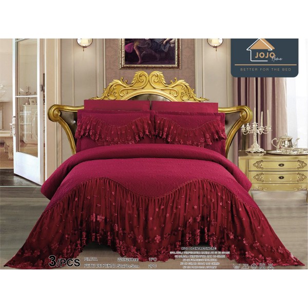 Cuvertura pat dublu, 3 piese, Bumbac Finet, 220x280cm, cu volanase si broderie, Jojo Home, Grena [1]