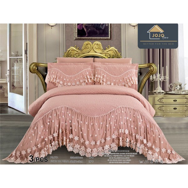 Cuvertura pat dublu, 3 piese, Bumbac Finet, 220x280cm, cu volanase si broderie, Jojo Home, Roz prafuit [1]