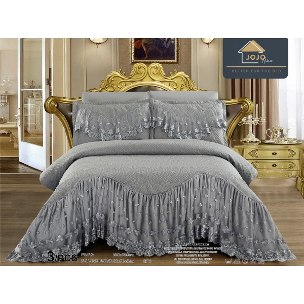 Cuvertura pat dublu, 3 piese, Bumbac Finet, 220x280cm, cu volanase si broderie, Jojo Home, Gri [1]