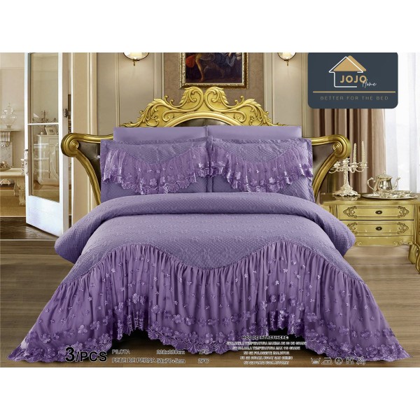 Cuvertura pat dublu, 3 piese, Bumbac Finet, 220x280cm, cu volanase si broderie, Jojo Home, Mov [1]
