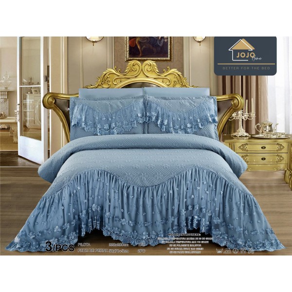 Cuvertura pat dublu, 3 piese, Bumbac Finet, 220x280cm, cu volanase si broderie, Jojo Home, Bleu [1]
