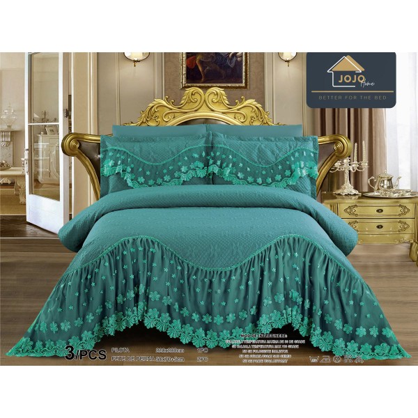 Cuvertura pat dublu, 3 piese, Bumbac Finet, 220x280cm, cu volanase si broderie, Jojo Home, Turquoise [1]