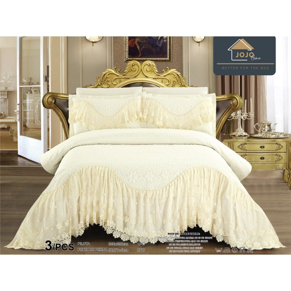 Cuvertura pat dublu, 3 piese, Bumbac Finet, 220x280cm, cu volanase si broderie, Jojo Home, Ivoire [1]