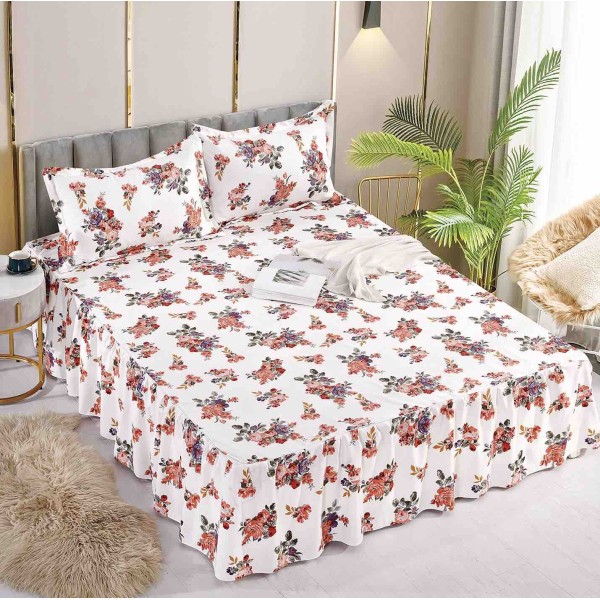 Cearsaf cu volanase, Bumbac FINET, 180x200cm, 2 fete de perne 50x70cm, Jojo Home, Alb, flori [1]