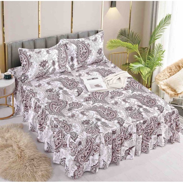Cearsaf cu volanase, Bumbac FINET, 180x200cm, 2 fete de perne 50x70cm, Jojo Home, Alb-Violet, model elegant [1]