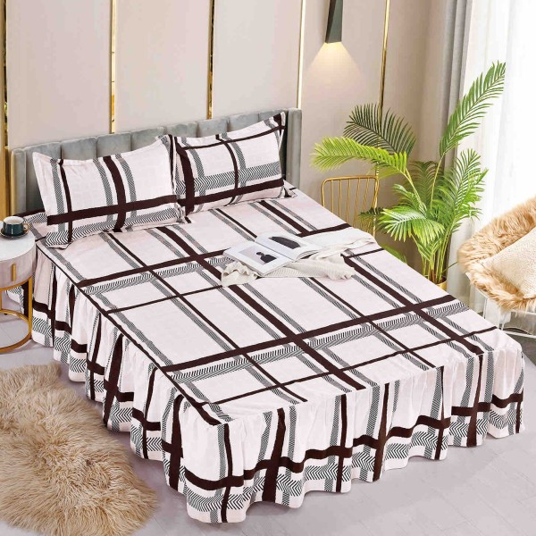 Cearsaf cu volanase, Bumbac FINET, 180x200cm, 2 fete de perne 50x70cm, Jojo Home, Crem-Negru, dungi [1]